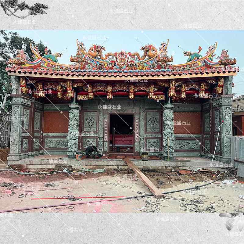 宫庙印度红罗源青围墙龙柱浮雕镂空雕刻彩线雕壁画影雕大门堂堵石