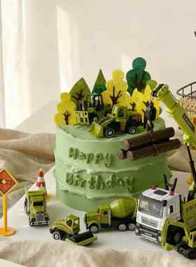 绿色工程车蛋糕装饰挖掘机吊车工程车推土机起重机烘焙摆件插件