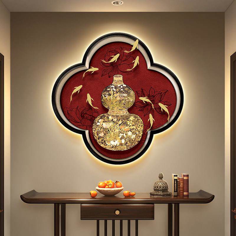 新中式葫芦玄关装饰画法式复古入户梅花形壁画锦鲤假窗户带灯挂画