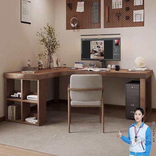 转角书桌实木电脑桌书架组合卧室拐角学习桌L型书房办公写字桌