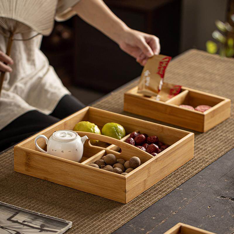 家用茶点心盘竹制果蔬收纳盒中式分格干果盘茶室零食盒水果盘子