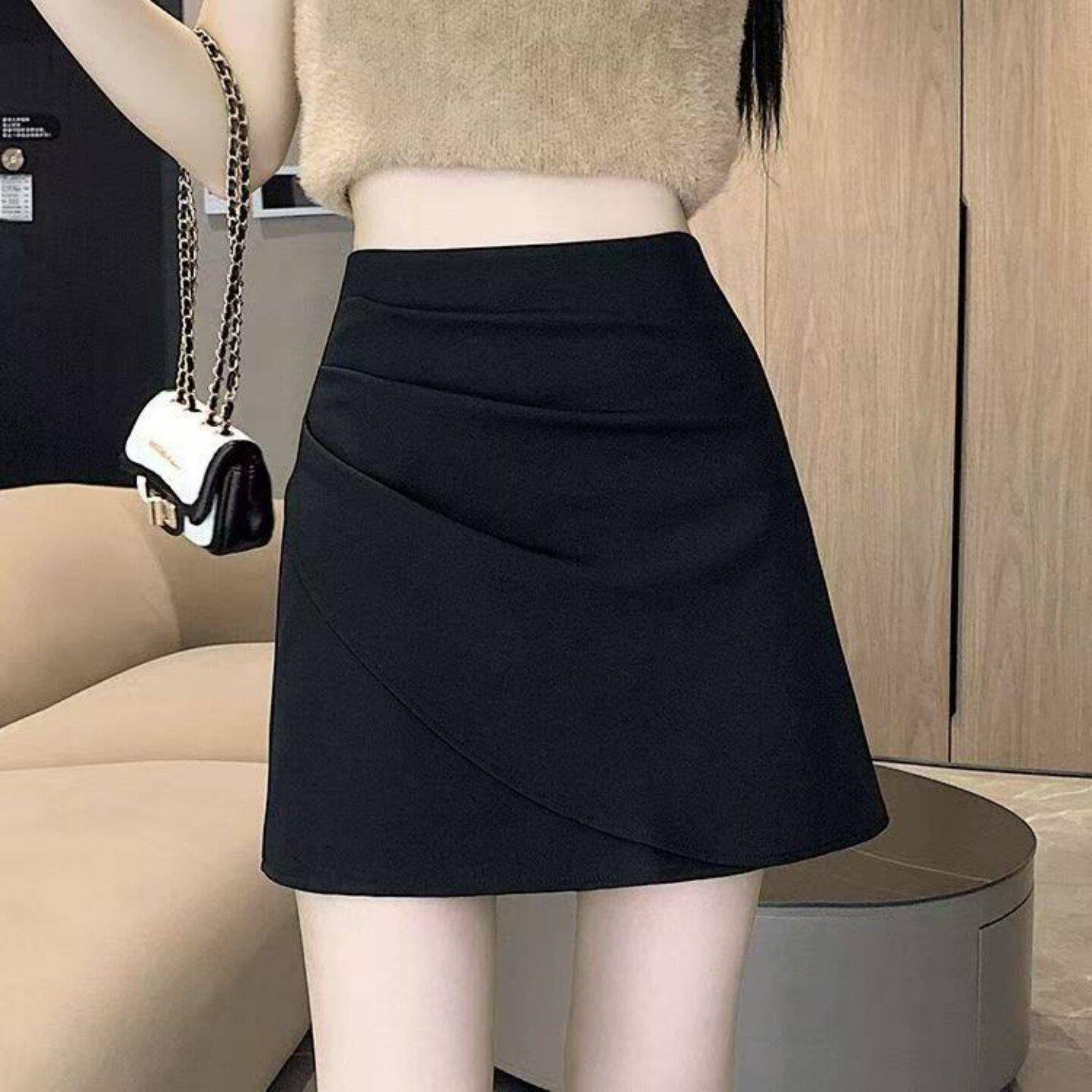 轻熟御姐风黑色A字半身裙女夏季高腰显瘦褶皱不规则西装包臀短裙
