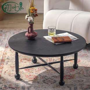 中古风实木组合茶几小户型客厅圆形套几橡胶木黑色沙发边桌小圆桌