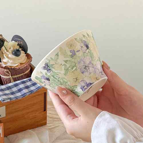 家用米饭碗高级感小碗宋式美学淡雅风甜品碗三色堇浅紫色斗笠碗