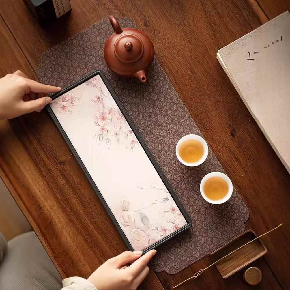桃花干泡盘式迷你简约长中意方小型台创桃花·干吸水茶盘茶家用沥