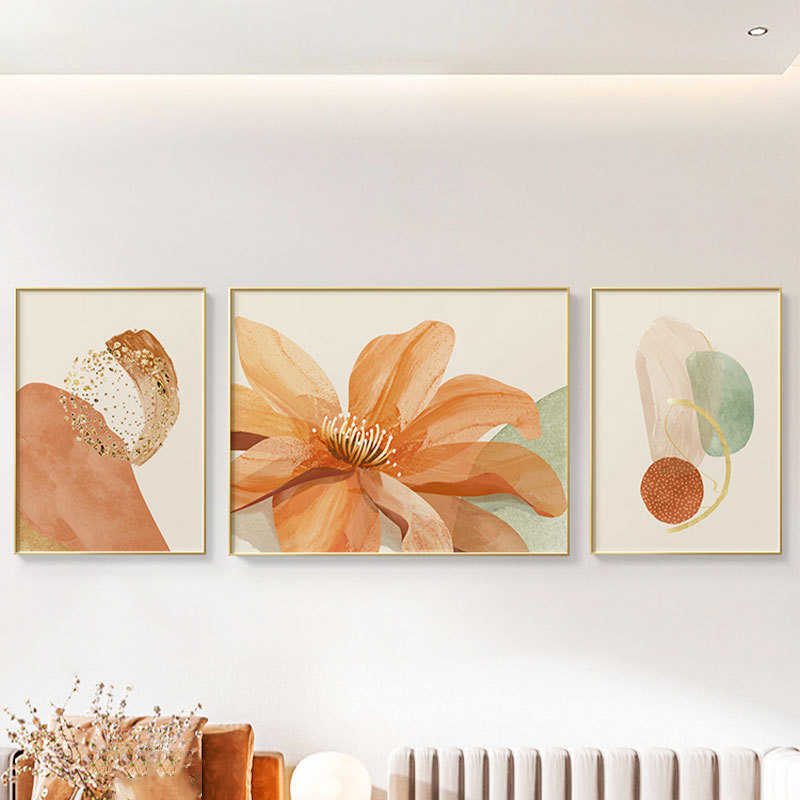 沙发背景墙三联客厅装饰画橙色抽象花卉壁画现代简约轻奢抽象挂画