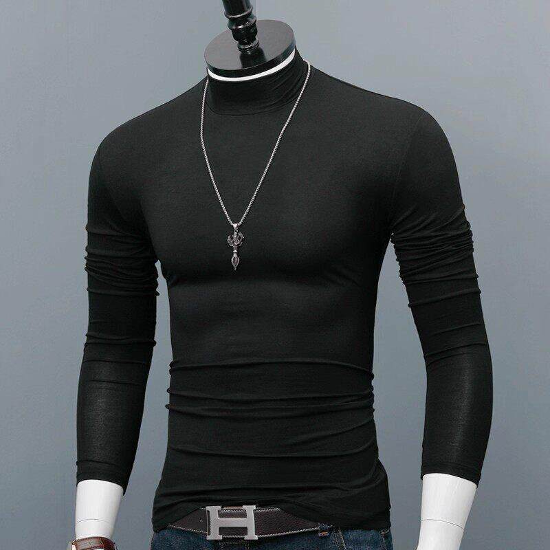 潮牌莫代尔长袖T恤男士秋冬薄款中领打底衫内搭纯色修身弹力大码