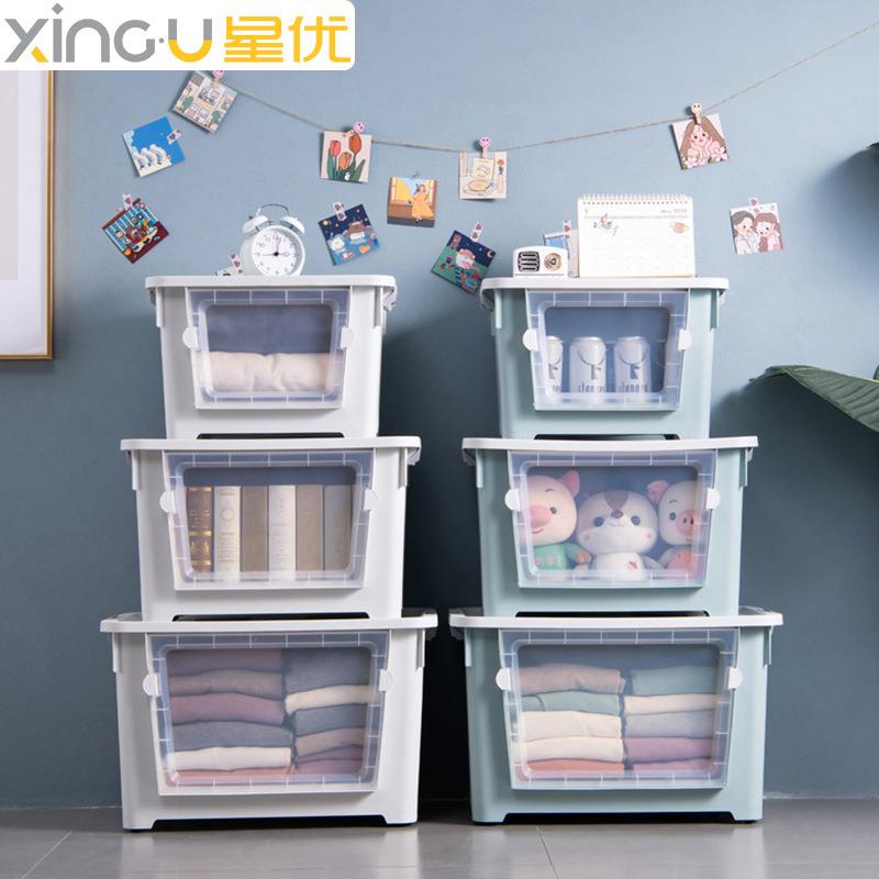 前开式玩具收纳箱儿童透明翻盖零食收纳盒宝宝收纳柜储物盒滑轮