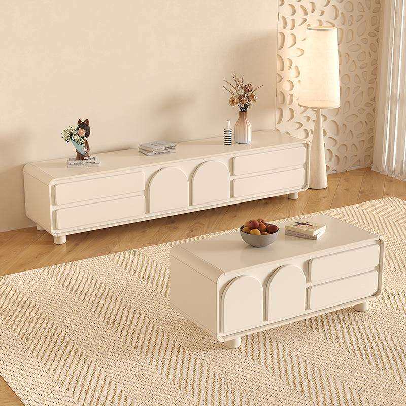 极简奶油风实木电视柜茶几组合现代简约客厅家用小型法式电视新品