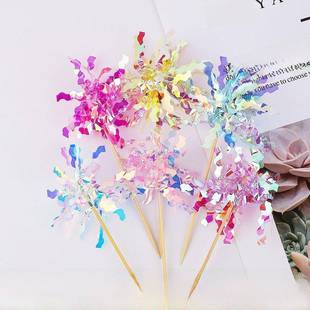 韩式ins风炫彩雨丝礼花蛋糕装饰插旗流苏镭射彩丝条生日烘焙装扮