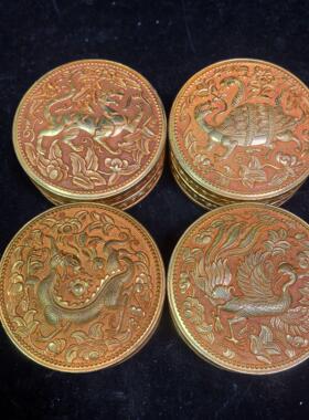 鎏金墨盒古玩杂项仿古四大神兽首饰盒盒子金色工艺品仿古