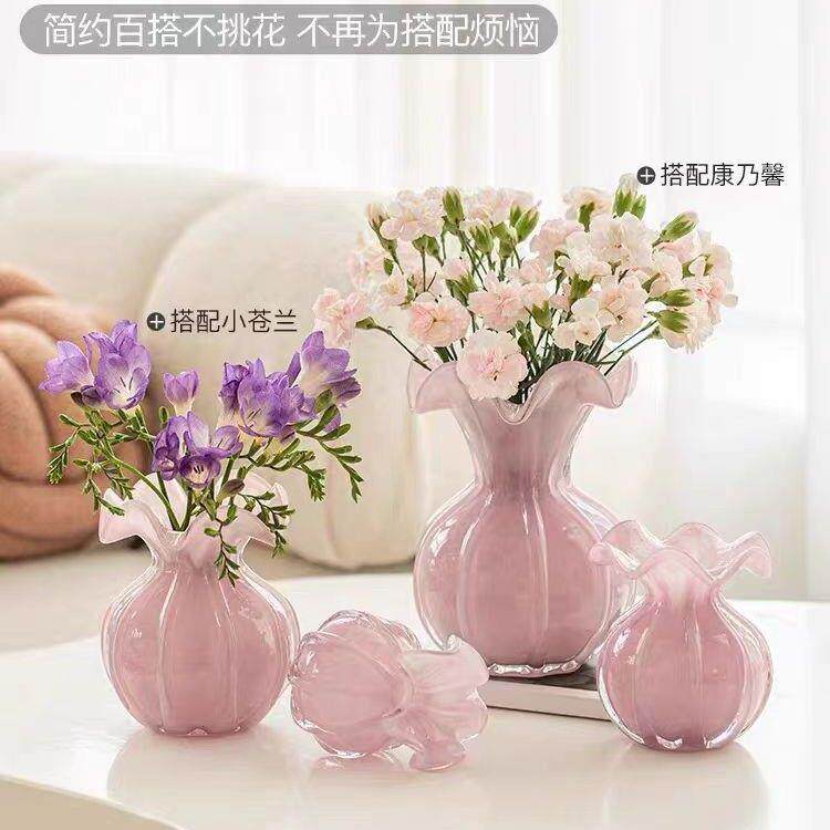 琉璃玫瑰花瓶摆件客厅插花玻璃轻奢高级感粉色高端餐桌玄关法式水
