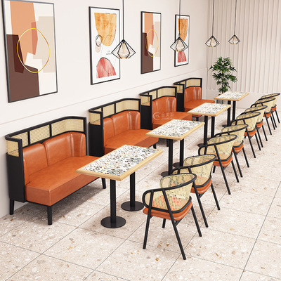 咖啡厅靠墙卡座 沙发实木桌椅组合编藤饭店大理石桌子 餐厅椅子