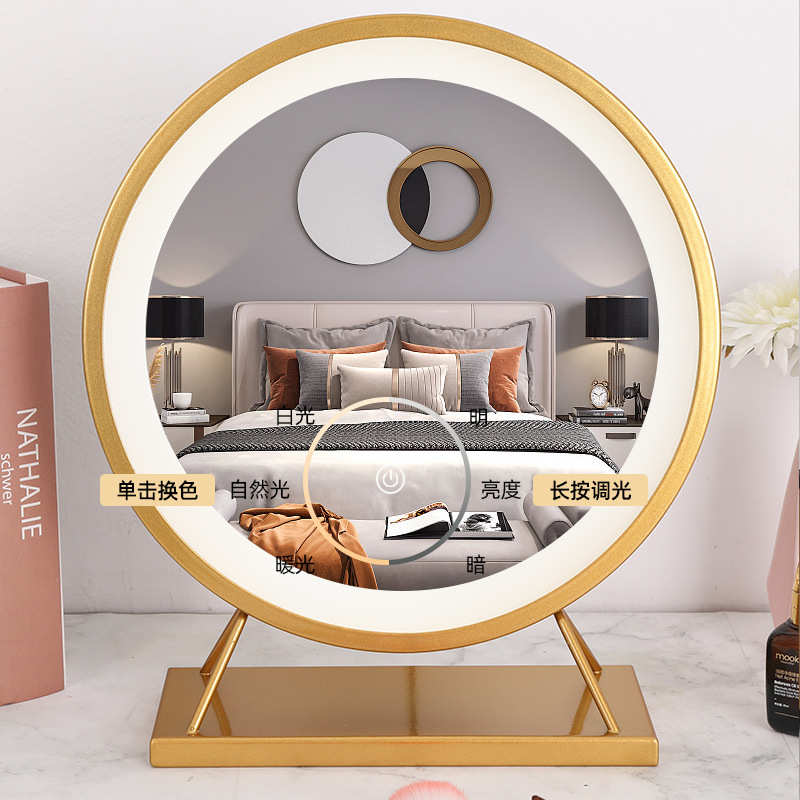 化妆镜圆灯红台式家用少女桌梳妆镜光镜灯泡宿舍led镜补镜子网