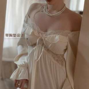 2025新品 家居服带胸垫高级感 法式 V领睡裙性感冰丝睡衣女春秋长袖