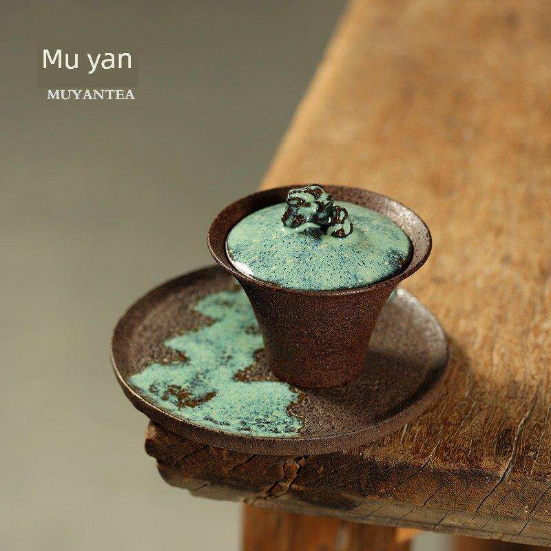 木岩盖碗手工太湖石茶碗侘寂式悬停景德镇陶瓷功夫茶非热手盖杯