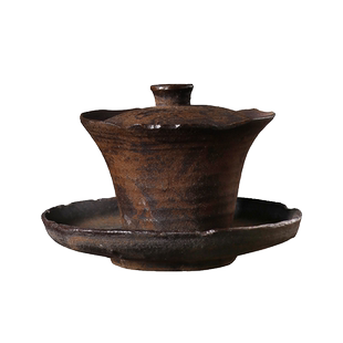 手捏侘寂风盖碗茶杯 日式 创意ins紫砂功夫茶具粗陶盖杯易养手抓壶