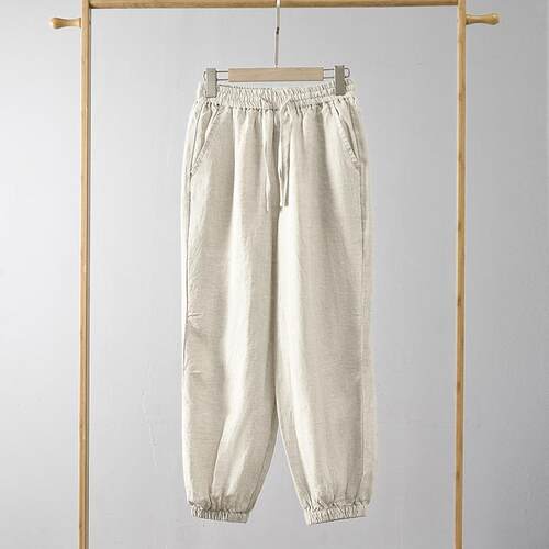 Men's linen cropped pants, youth mid waist linen pants