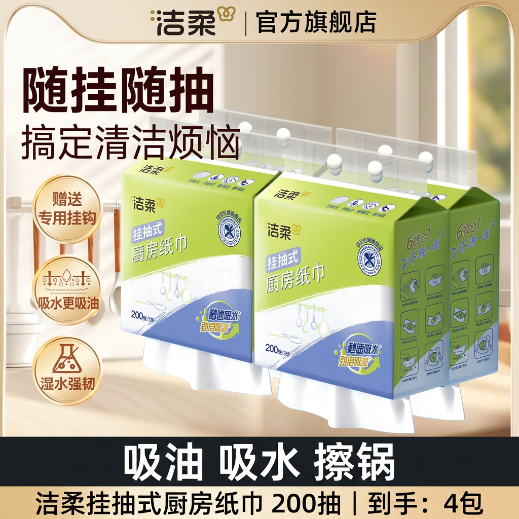 洁柔厨房纸巾悬挂式吸油吸水200抽4包厨房用纸抽取式擦锅擦油纸巾