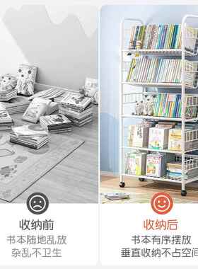 儿童书架家用学架生落地书柜可动带轮置物宝宝绘本架多层收PRT移