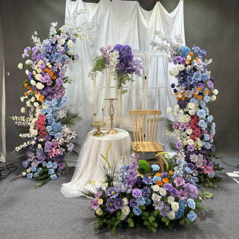 婚礼堂紫色成品莫奈牛角拱门多巴胺仿真花条舞台造景橱窗美陈花艺