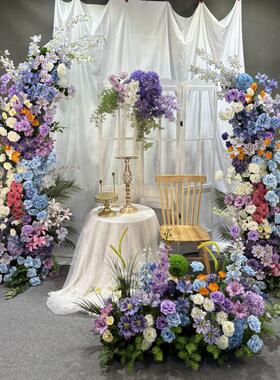 婚礼堂紫色成品莫奈牛角拱门多巴胺仿真花条舞台造景橱窗美陈花艺