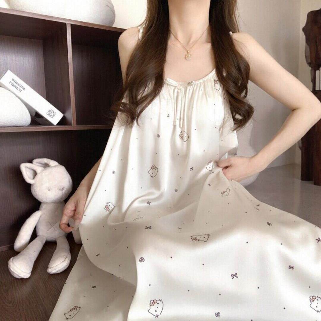 可爱小猫缎面冰丝吊带睡裙女款夏季2026新款甜美带胸垫家居服夏天