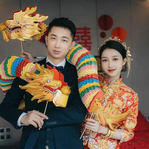 接亲游道具结礼婚龙头堵门创剪纸布戏置用品意舞龙狮子GCS婚专用