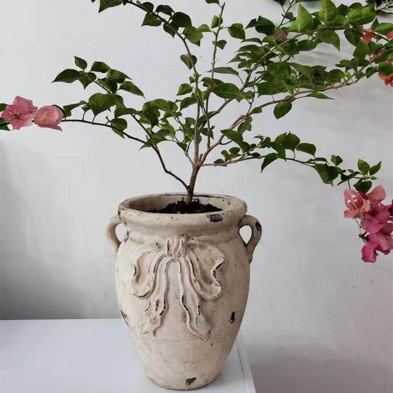 手工红陶粗陶土花盆双耳罐子浮雕蝴蝶结复古做旧高级创意透气花盆