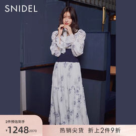 SNIDEL春夏款甜美仙女泡泡袖系带束腰压褶印花连衣裙SWFO231076