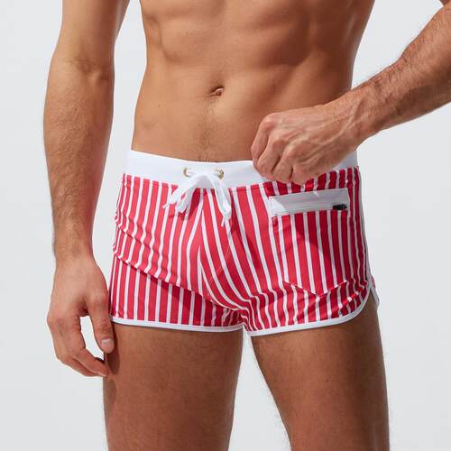 Front pocket swim trunks with edge wrapped zipper men's