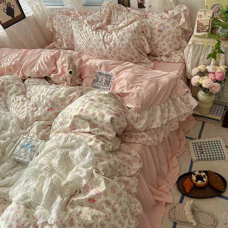 式法花边三床上四件套床单被洗套床裙纯水棉YS004被罩宿舍床品学