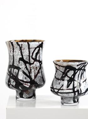 陶瓷花瓶新中式侘寂简约插花花艺装饰摆件黑色鎏银禅意琉璃花瓶