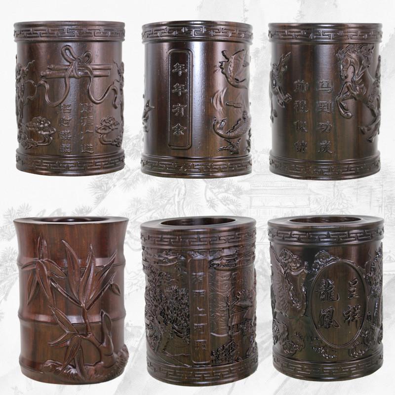 批发黑檀红木笔筒创意复古时尚毛笔竹笔筒仿古桌面摆件办公礼品