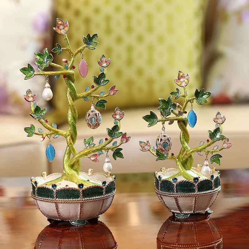 珐瑯彩发财树摆件招财摇钱树客厅装饰新款水晶工艺礼品摆饰欧式乔