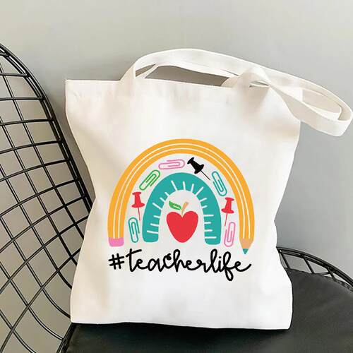 Rainbow Teacher印花帆布包教师节学生单肩包时尚手提购物袋外贸