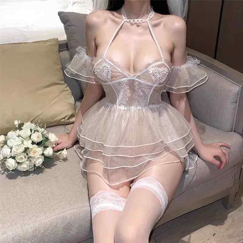 qq性感蕾丝抹胸新娘婚纱女白色网纱蓬蓬裙制服套装