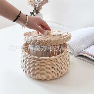 手工编织白藤圆形收纳套装带盖收纳筐杂物置物篮桌面小物收纳道具