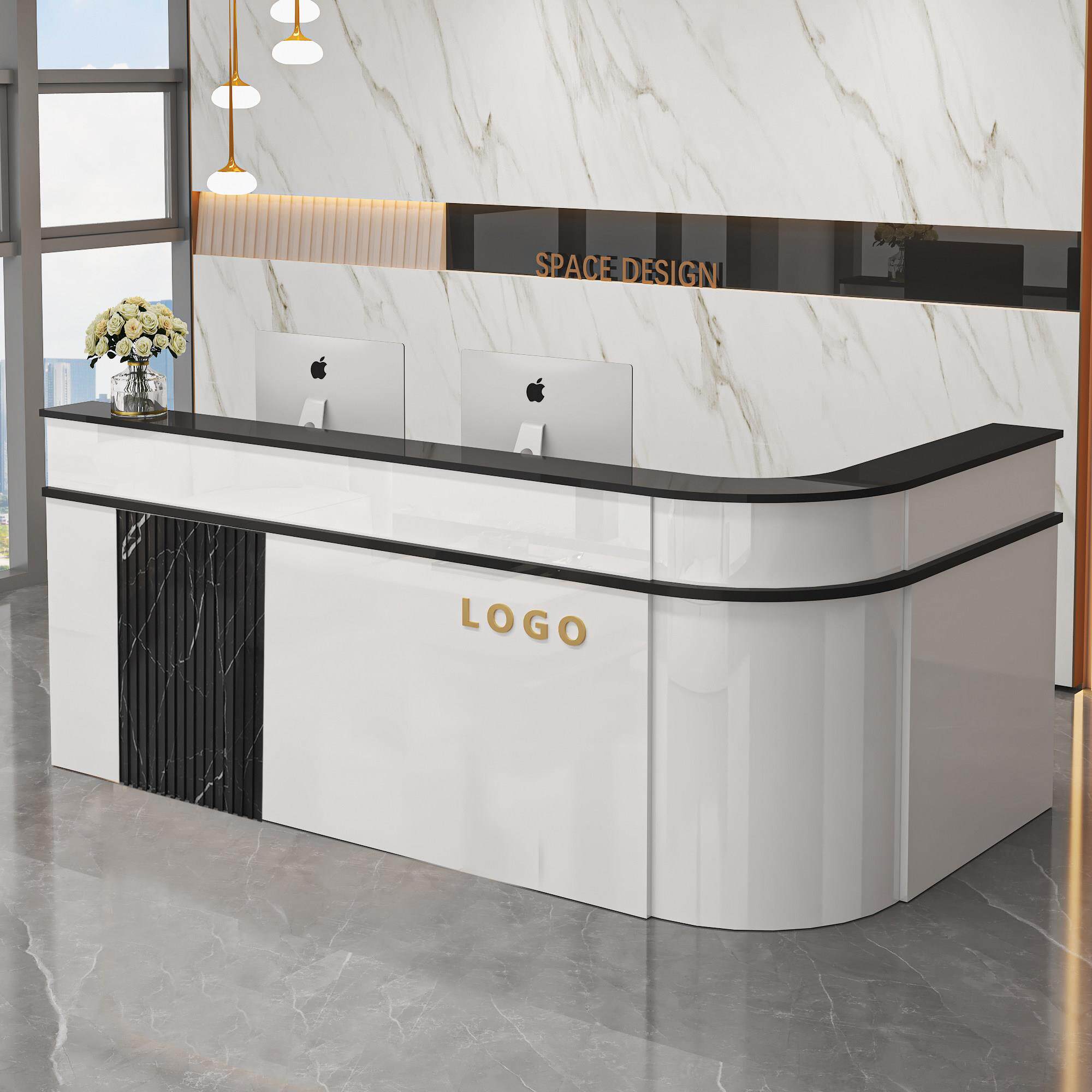 公司前台接待台圆弧转角收银台烤漆吧台小型办公桌定制商场展示柜