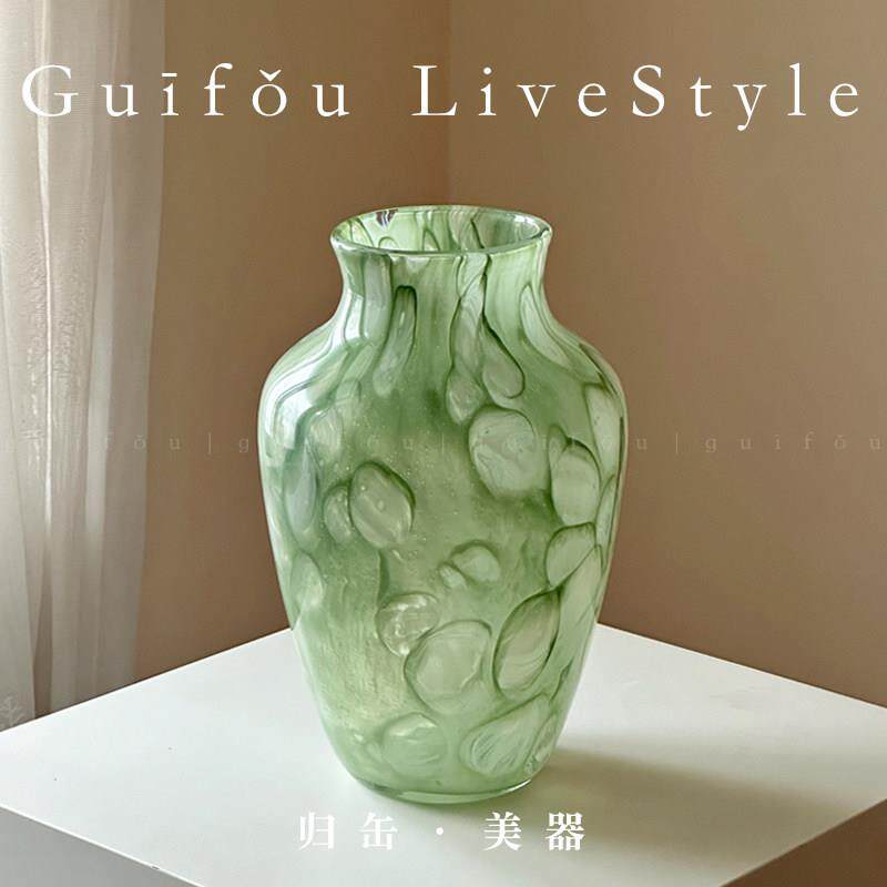 归缶超好看百合绿色琉璃玻璃花瓶客厅插花轻奢高级设计感小众摆件