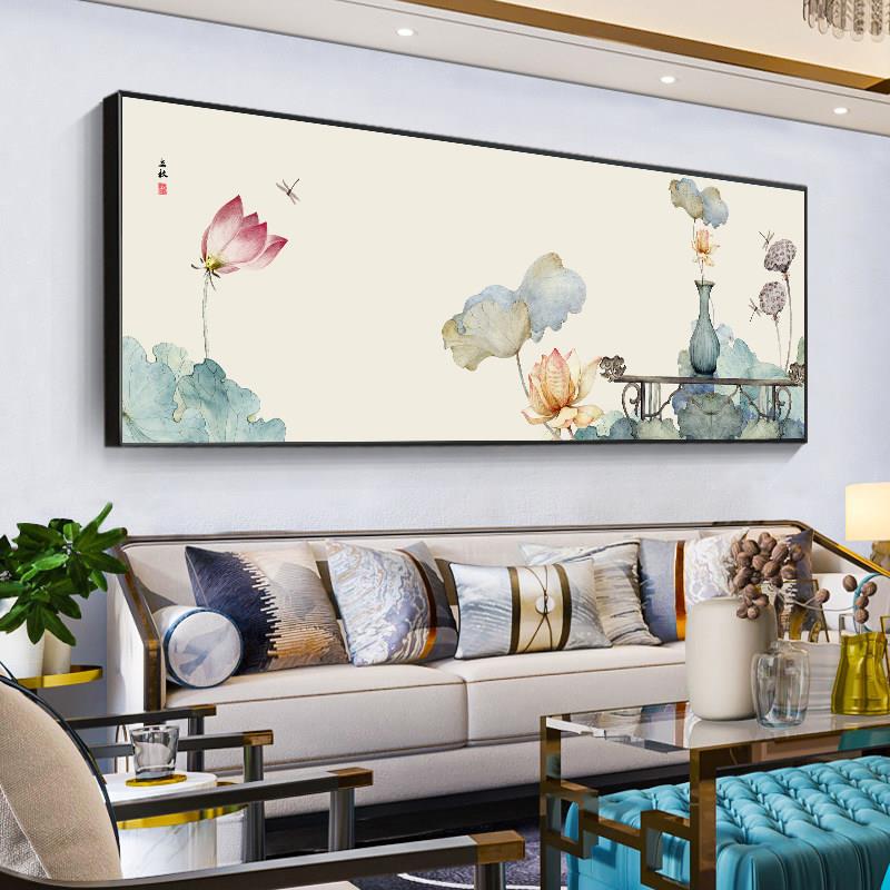 新中式客厅挂画主卧室床头装饰画茶室沙发背景墙横幅荷花壁画现代图片