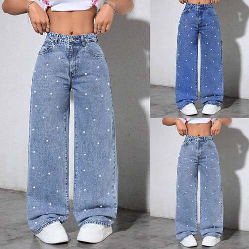 Women's Blue Denim Wide Leg Pants Loose Fit Everyday Casual