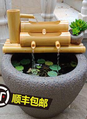 陶瓷竹流水竹筒鱼缸循环过滤器石槽氧加湿摆件竹子竹排新款客厅