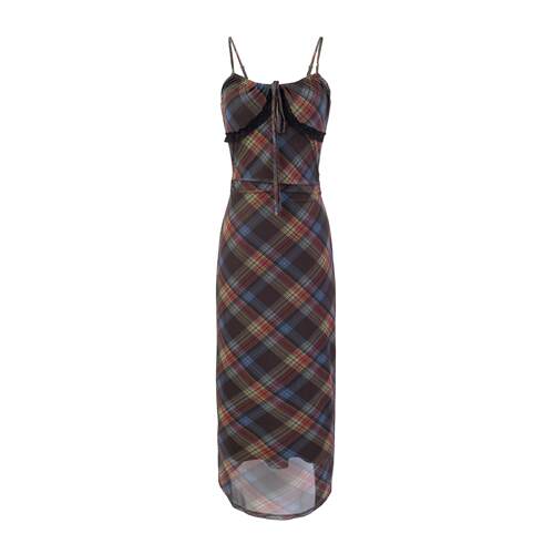 Plaid drawstring lace patchwork camisole dress