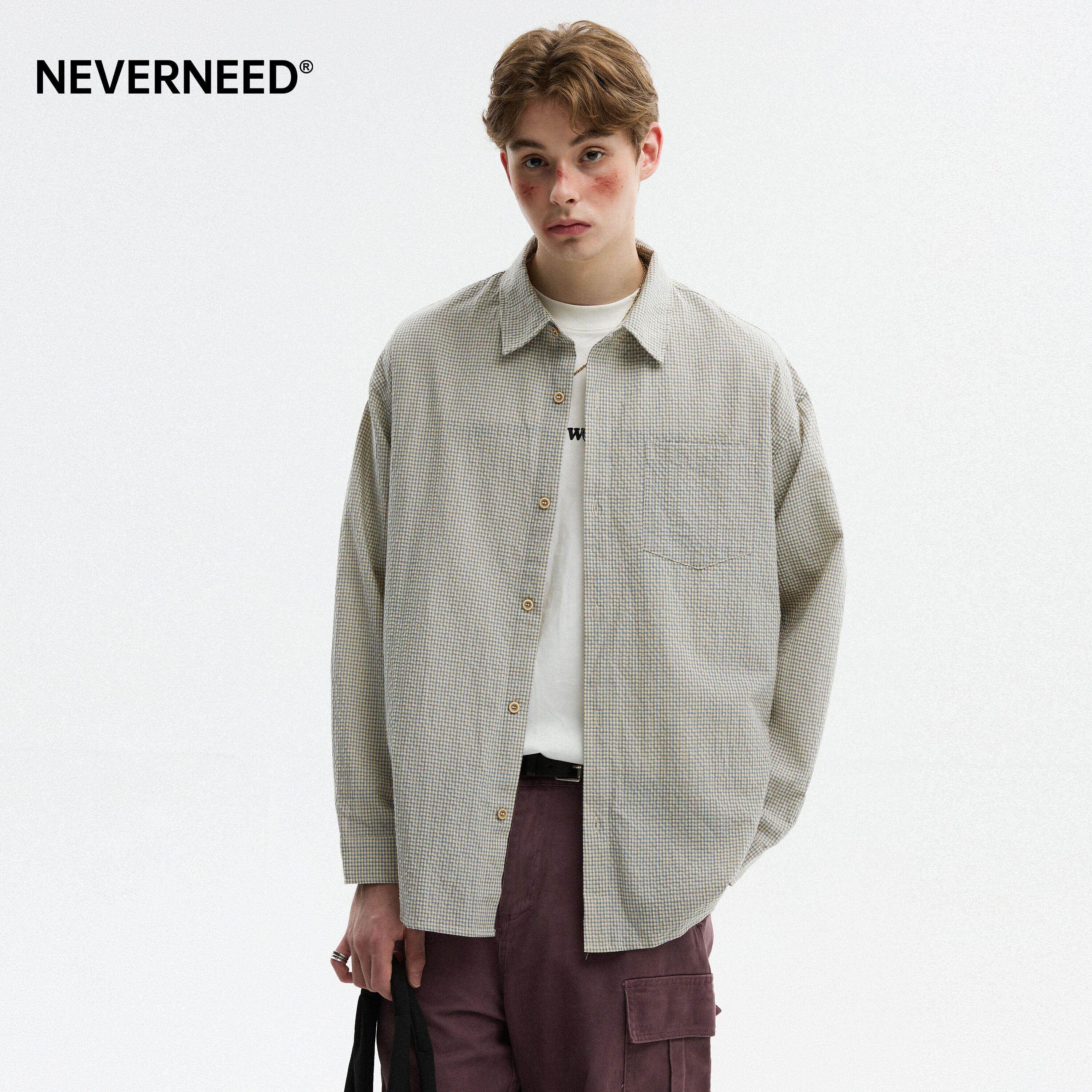 NEVERNEED泡泡纱肌理感格子长袖衬衫男春季美式潮牌休闲情侣衬衣