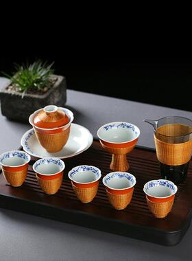 非遗竹编竹丝扣瓷德化白瓷盖碗公道杯茶杯主人杯一壶四杯茶具套装