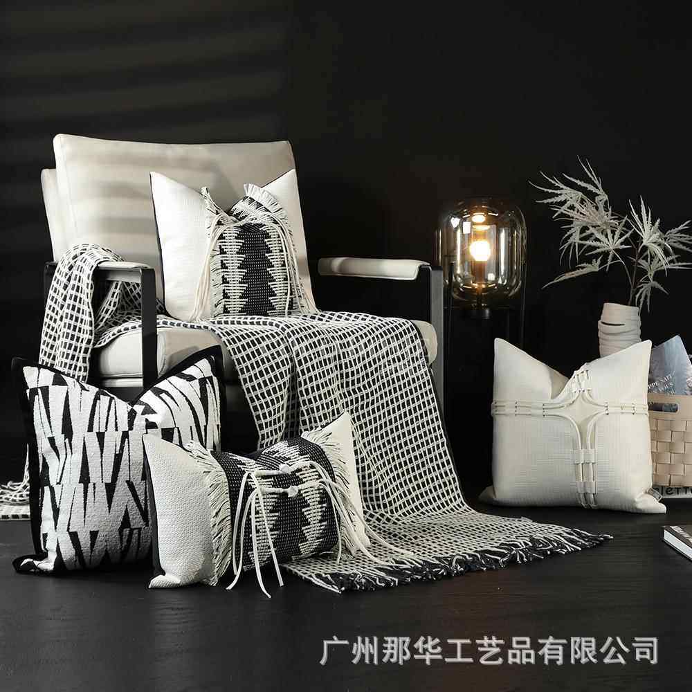 轻奢风黑白抱枕套PU样板间柔软提花布靠枕沙发靠垫高级感热卖