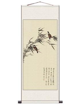 齐白石荷花四条屏梅兰竹菊茶楼彷古沙发背景装饰中式挂画丝绸卷轴
