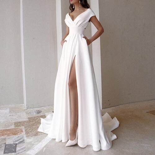 White long dress 一字露背V领晚礼服白色系列拖地轻婚纱洋装女