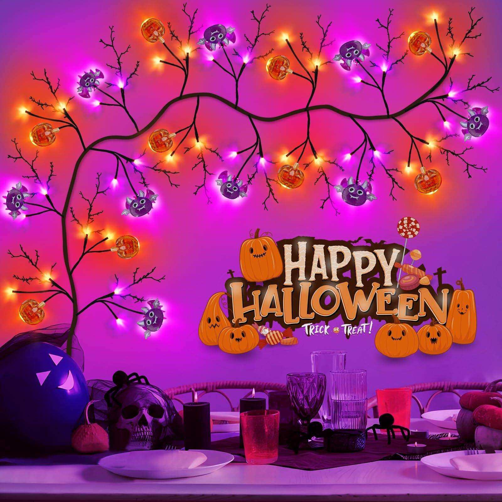 万圣节LED珊瑚枝藤蔓灯南瓜蝙蝠幽灵挂件装饰节日派对场景道具